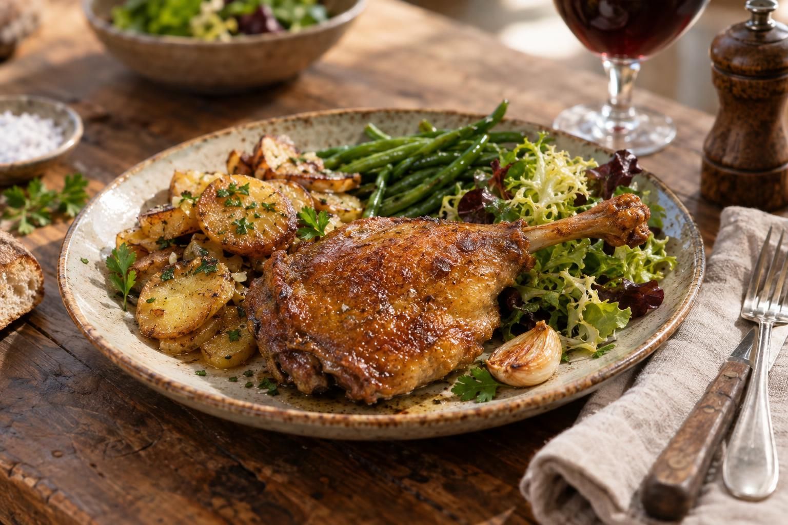 découvrez avec quoi accompagner un confit de canard : pommes de terre sarladaises, légumes de saison, salade fraîche et autres idées gourmandes.
